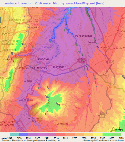 Tumbaco,Ecuador Elevation Map