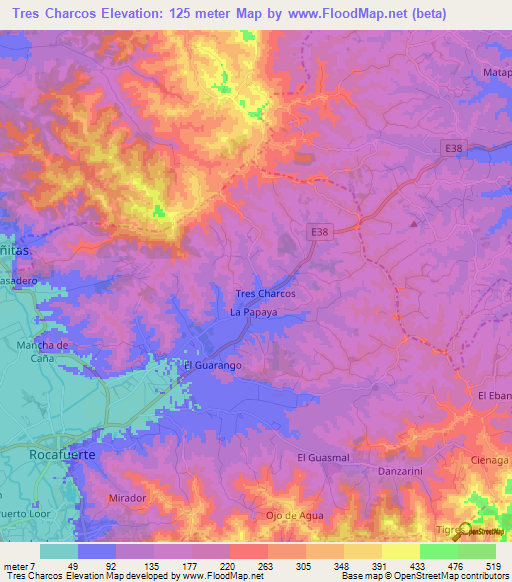 Tres Charcos,Ecuador Elevation Map