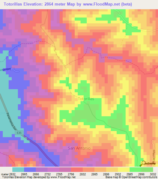 Totorillas,Ecuador Elevation Map