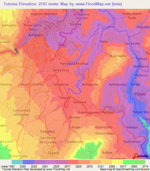 Totoras,Ecuador Elevation Map