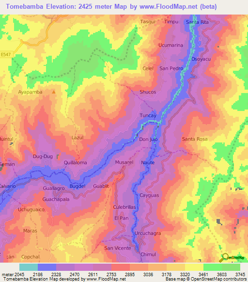 Tomebamba,Ecuador Elevation Map