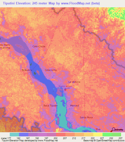 Tiputini,Ecuador Elevation Map