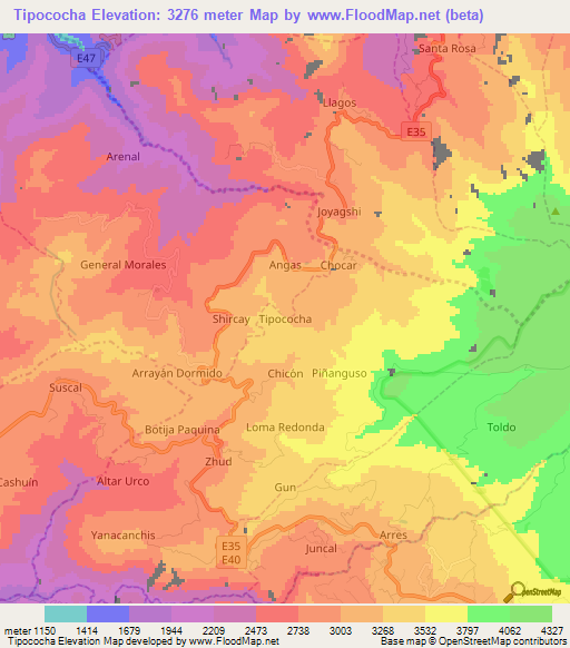 Tipococha,Ecuador Elevation Map