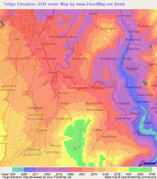 Teligo,Ecuador Elevation Map