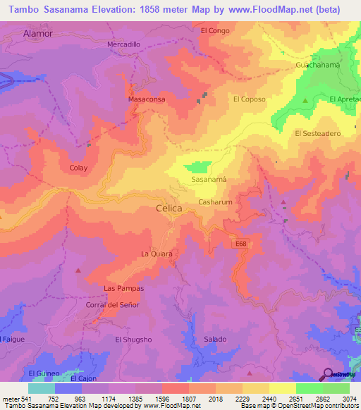 Tambo Sasanama,Ecuador Elevation Map