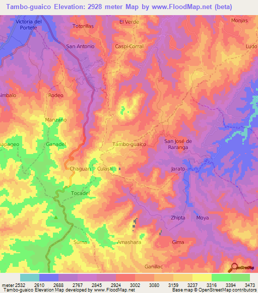 Tambo-guaico,Ecuador Elevation Map