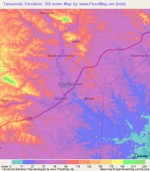 Tamarindo,Ecuador Elevation Map