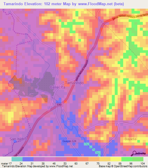 Tamarindo,Ecuador Elevation Map