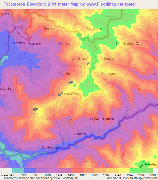 Tacamoros,Ecuador Elevation Map