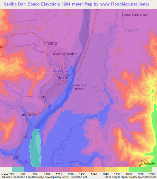 Sevilla Don Bosco,Ecuador Elevation Map