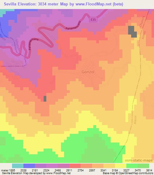 Sevilla,Ecuador Elevation Map