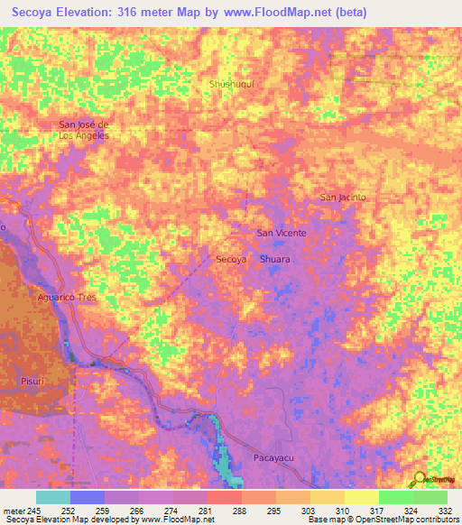 Secoya,Ecuador Elevation Map