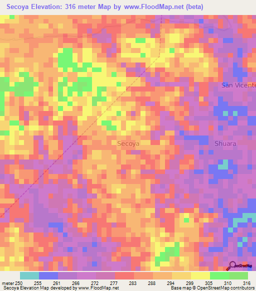 Secoya,Ecuador Elevation Map