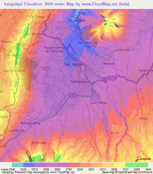 Sangolqui,Ecuador Elevation Map