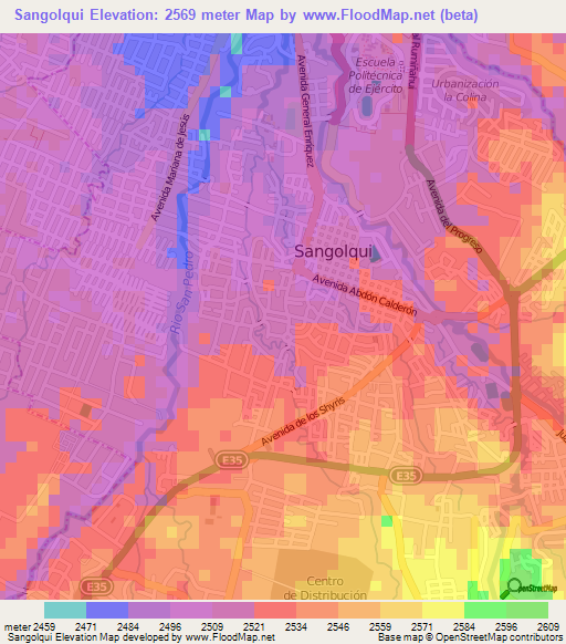 Sangolqui,Ecuador Elevation Map