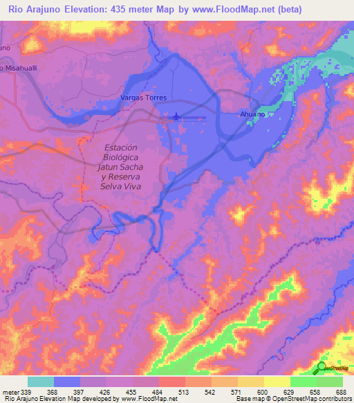 Rio Arajuno,Ecuador Elevation Map