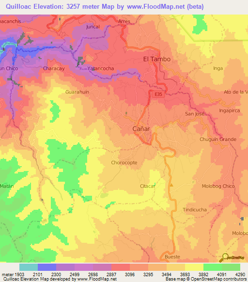 Quilloac,Ecuador Elevation Map