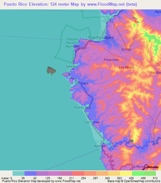 Puerto Rico,Ecuador Elevation Map