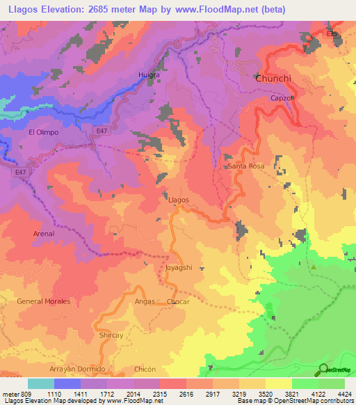 Llagos,Ecuador Elevation Map