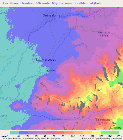 Las Naves,Ecuador Elevation Map