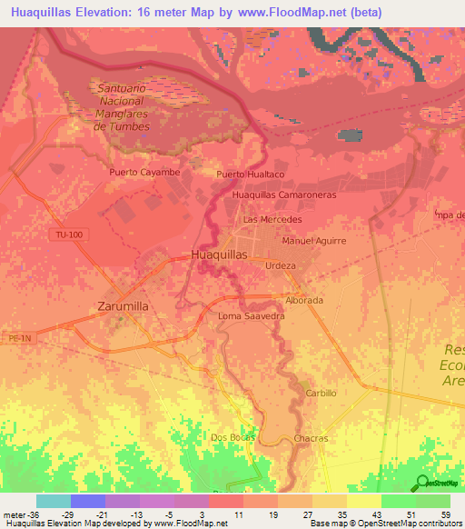 Huaquillas,Ecuador Elevation Map