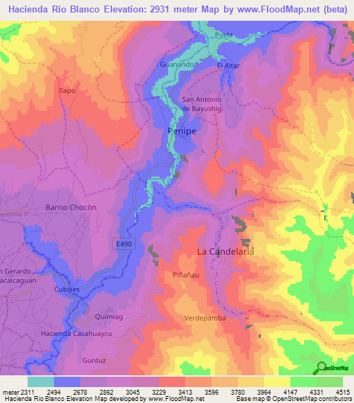 Hacienda Rio Blanco,Ecuador Elevation Map