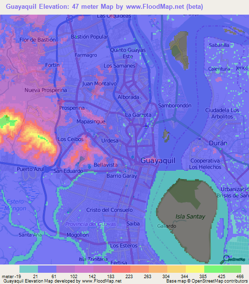 Guayaquil,Ecuador Elevation Map