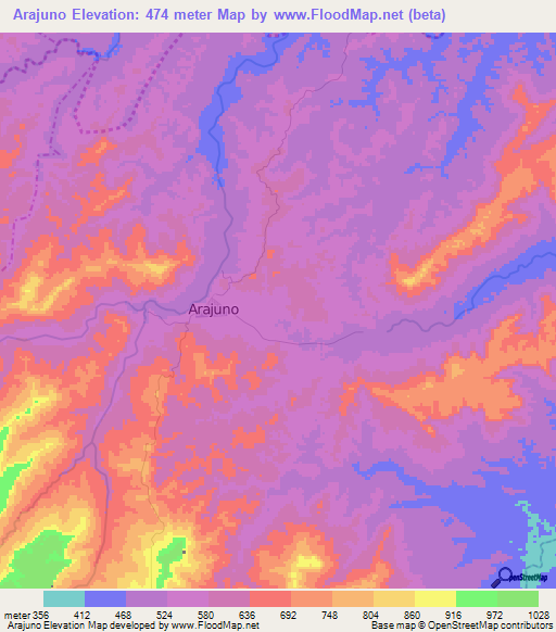 Arajuno,Ecuador Elevation Map