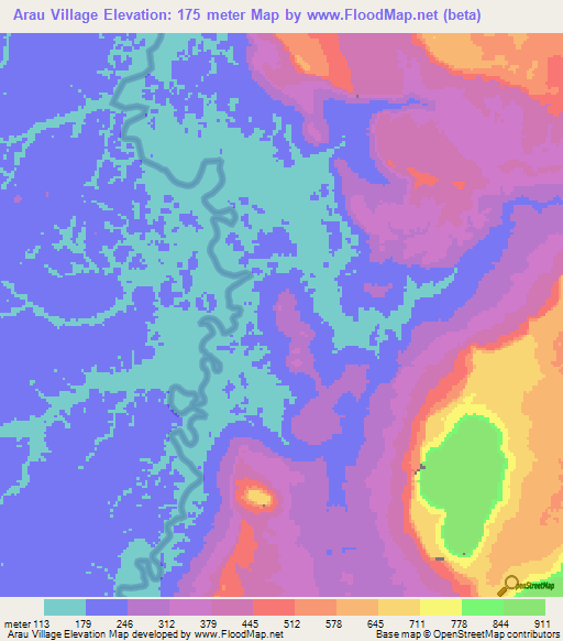 Arau Village,Guyana Elevation Map