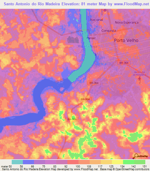 Santo Antonio do Rio Madeira,Brazil Elevation Map