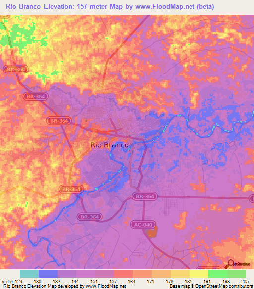 Rio Branco,Brazil Elevation Map