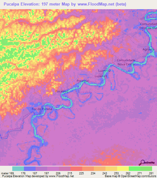 Pucalpa,Brazil Elevation Map