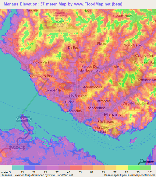 Manaus,Brazil Elevation Map