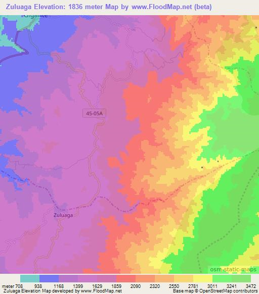 Zuluaga,Colombia Elevation Map