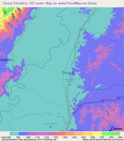 Zarzal,Colombia Elevation Map