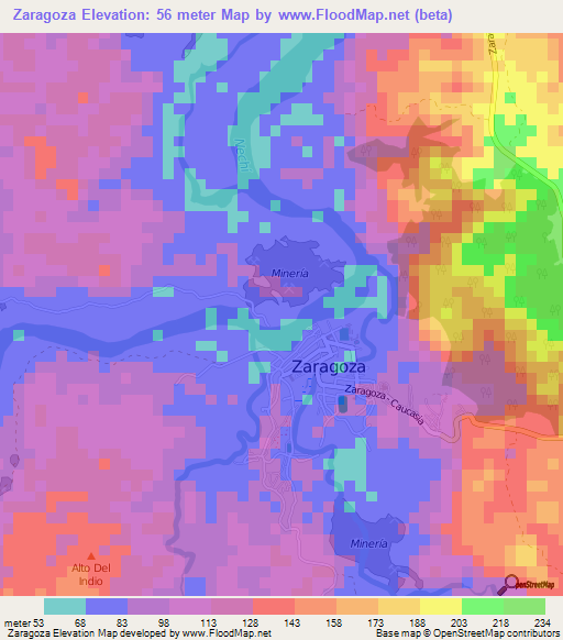 Zaragoza,Colombia Elevation Map