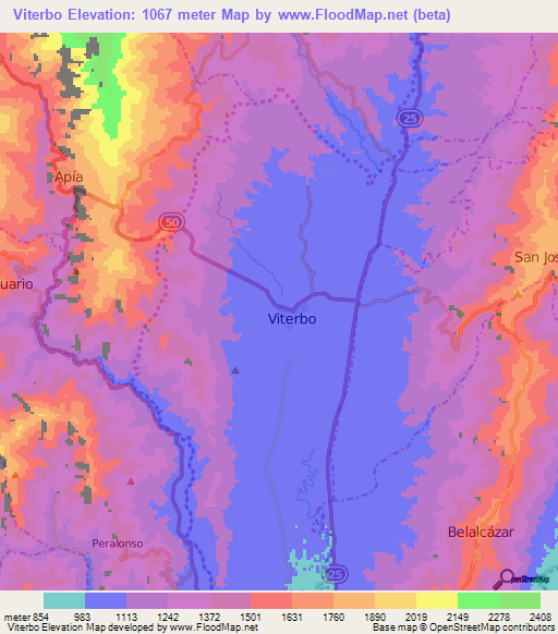 Viterbo,Colombia Elevation Map