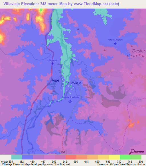 Villavieja,Colombia Elevation Map