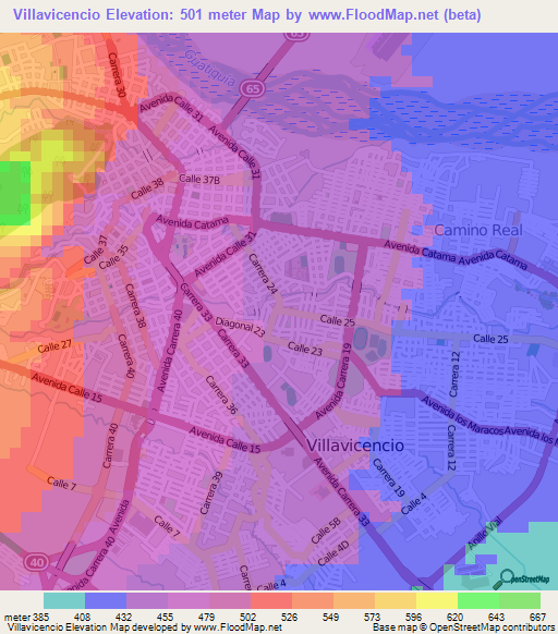 Villavicencio,Colombia Elevation Map