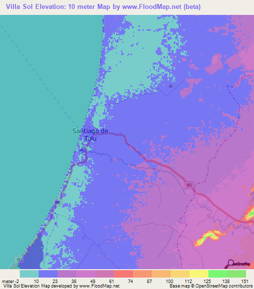 Villa Sol,Colombia Elevation Map