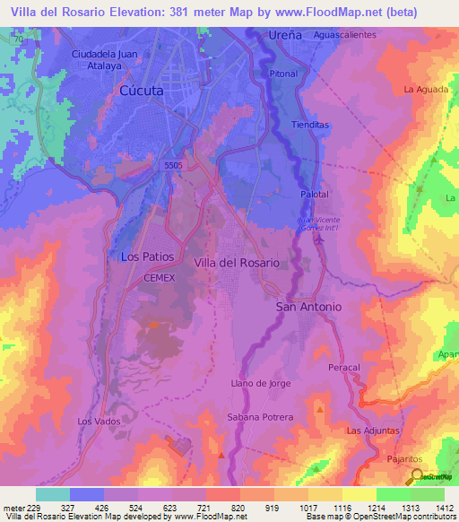 Villa del Rosario,Colombia Elevation Map