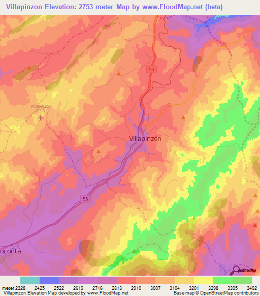 Villapinzon,Colombia Elevation Map