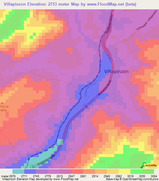 Villapinzon,Colombia Elevation Map