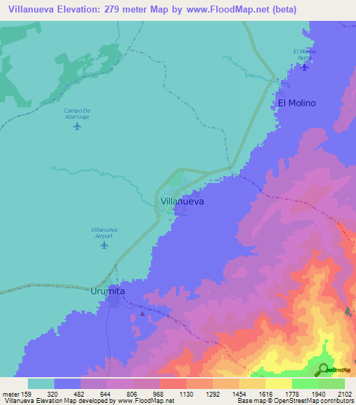 Villanueva,Colombia Elevation Map