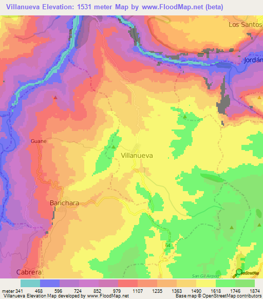 Villanueva,Colombia Elevation Map