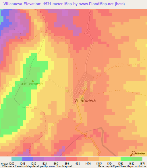 Villanueva,Colombia Elevation Map