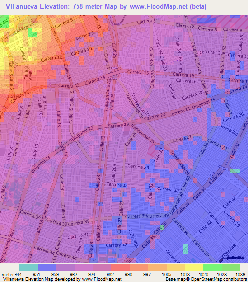 Villanueva,Colombia Elevation Map