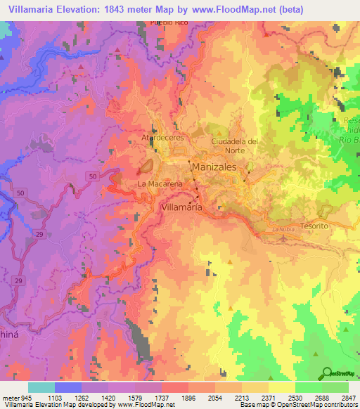 Villamaria,Colombia Elevation Map