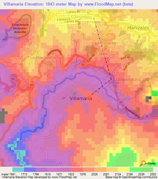 Villamaria,Colombia Elevation Map