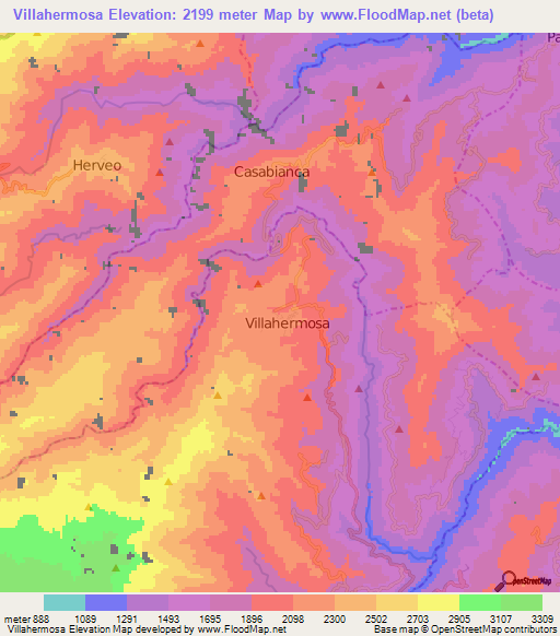 Villahermosa,Colombia Elevation Map